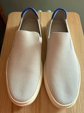 Rothy's Cream Slip-On Flats with Blue Heel Trim